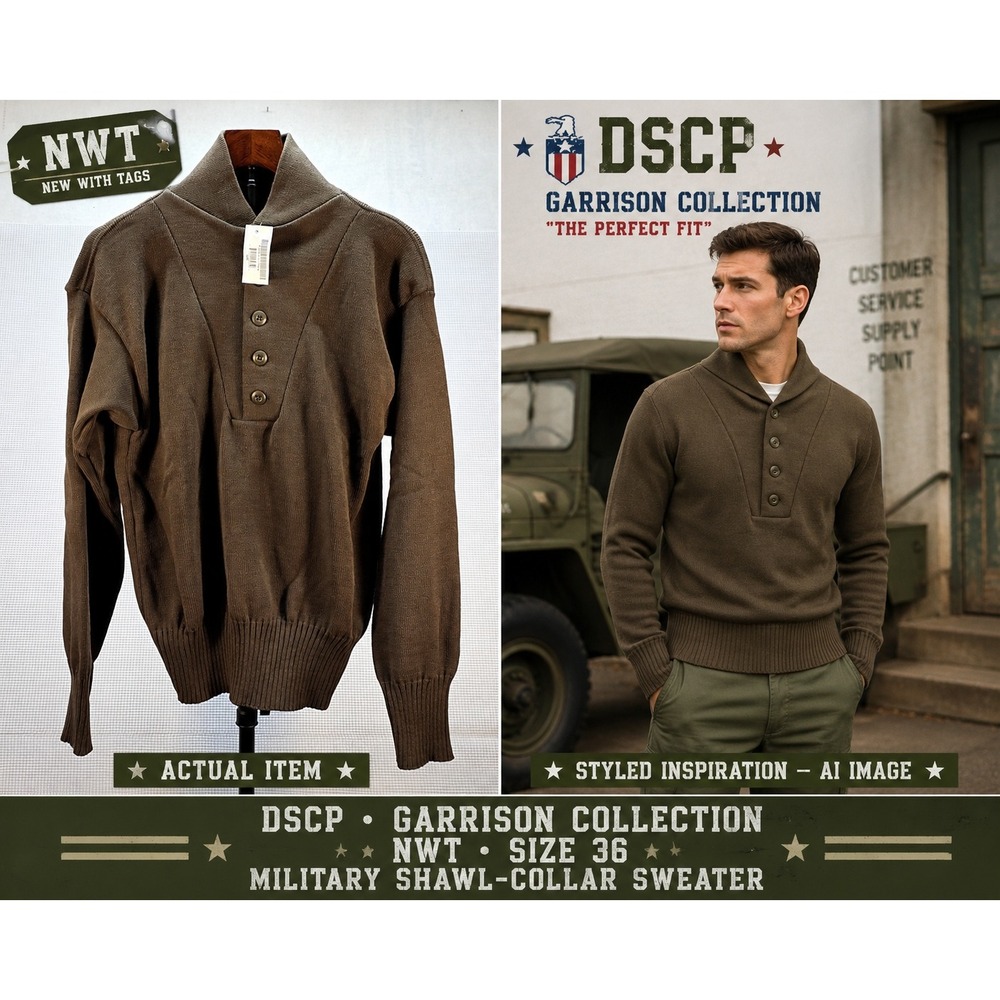 VTG US Military DSCP Brown 5 Button Henley Sweater Large Garrison NWT Deadstock